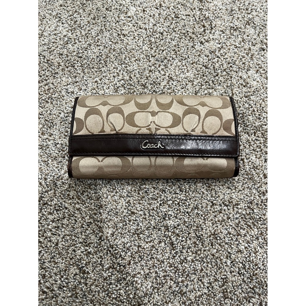 Coach Signature Monogram Canvas Leather Trim Tri-Fold Wallet Brown Silver Logo